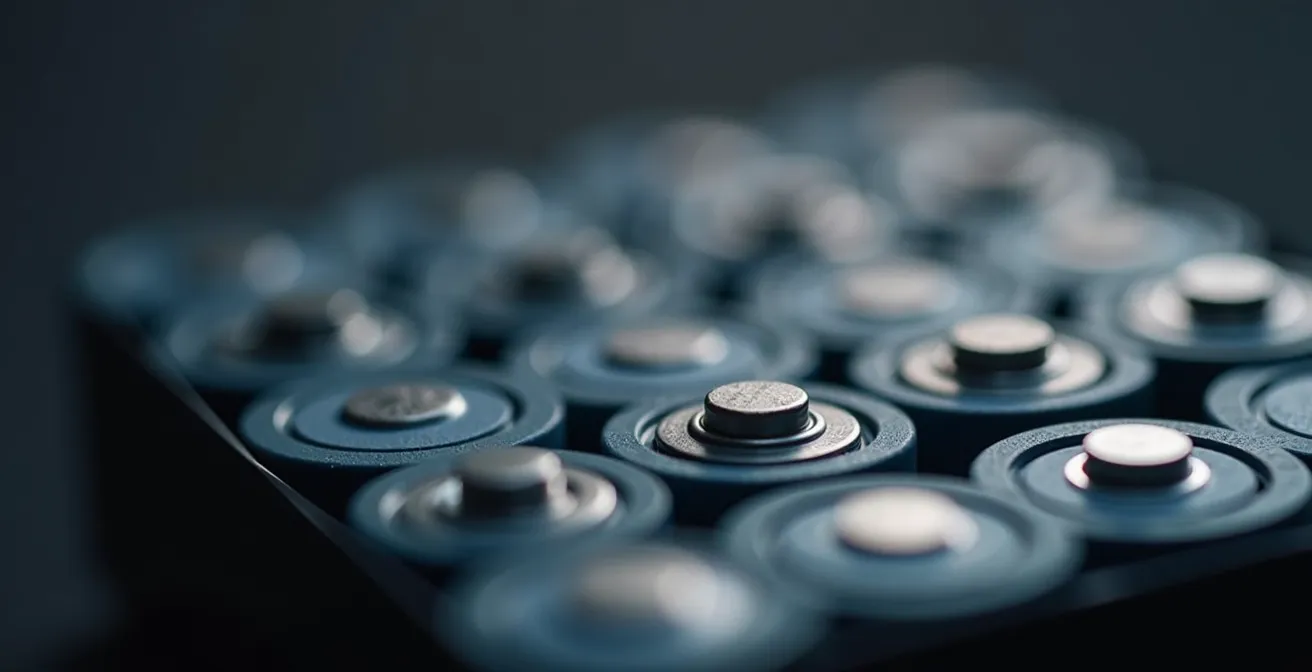 Close-up view of lithium battery cells showing detailed metallic surfaces and connections