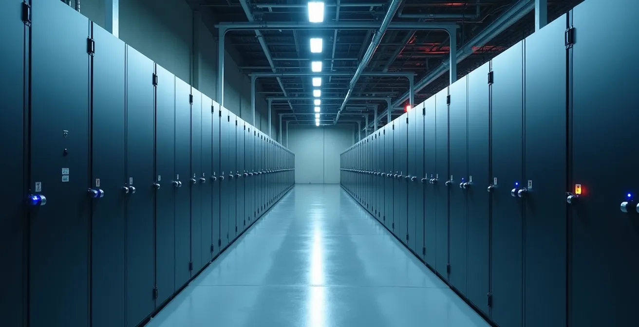 Battery storage facility interior showing rows of energy storage modules with LED indicators